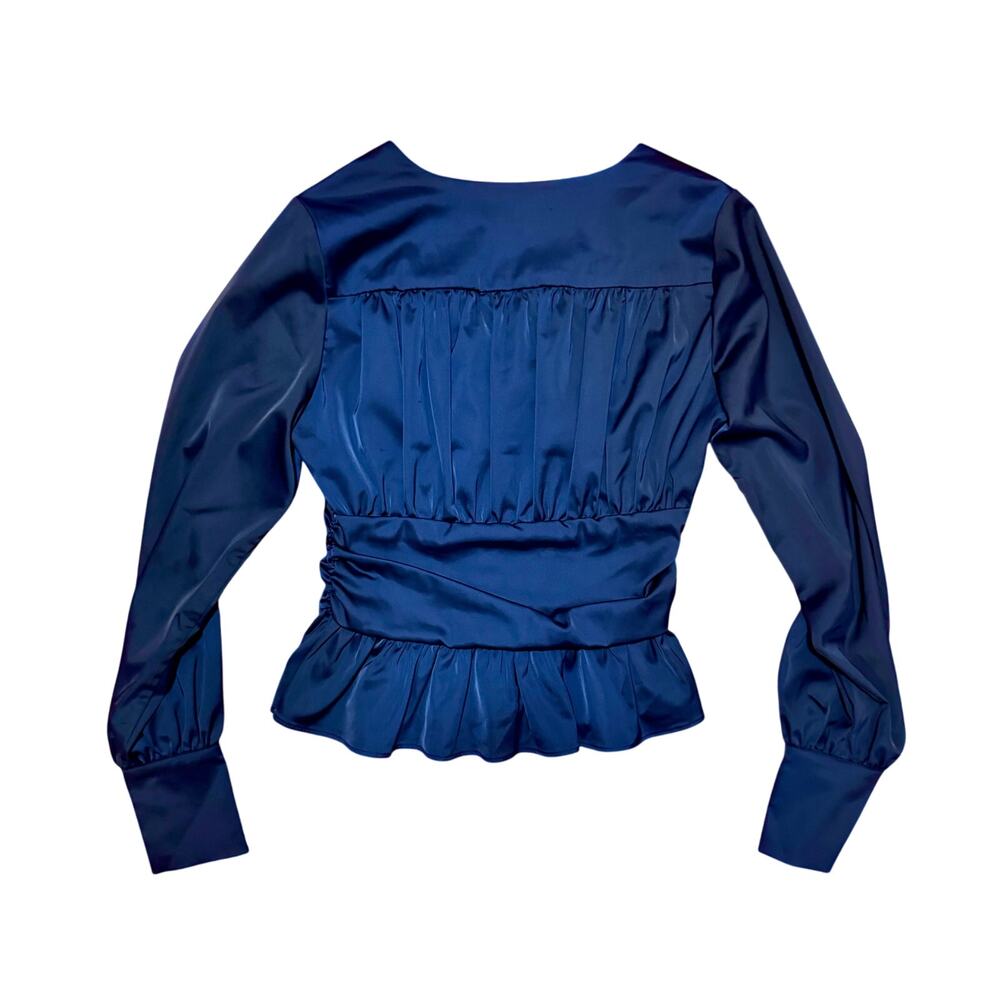Jason Wu Satin Babydoll Peplum Blouse Small Navy Plunge Holiday Coquette Peasant - Picture 3 of 15